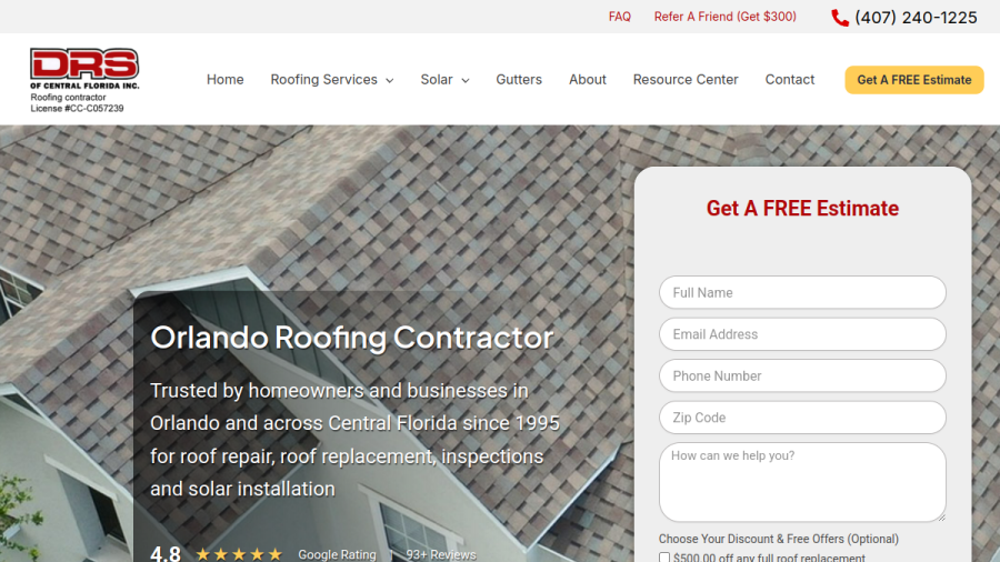 Screenshot of DRS Roofing of Central Florida Inc. website