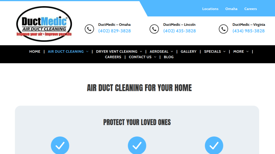 Screenshot of the DuctMedic Air Duct Cleaning website