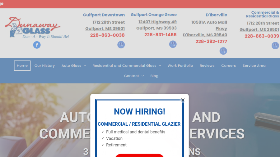 Website screenshot of Dunaway Glass