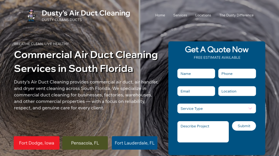 Website screenshot of Dusty's Air Duct Cleaning