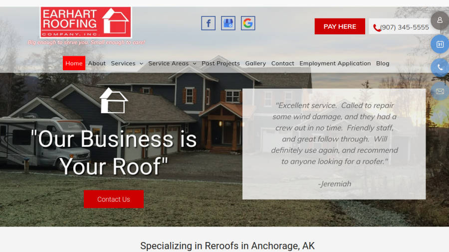 Screenshot of the Earhart Roofing Company Inc website