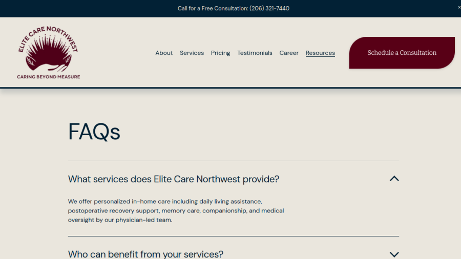 Screenshot of the Elite Care Northwest website
