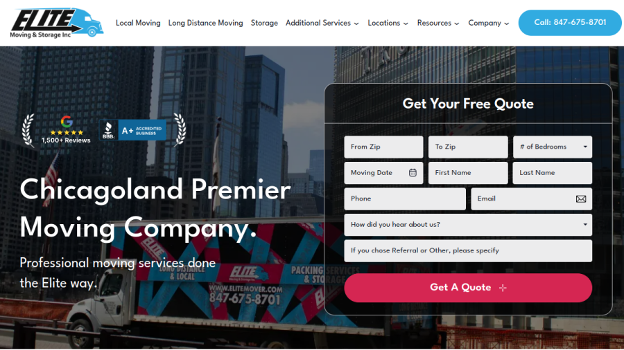 Screenshot of the Elite Moving & Storage Inc website