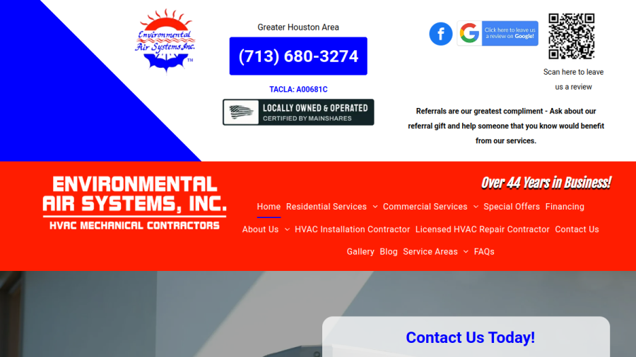 Screenshot of the Environmental Air Systems Inc website