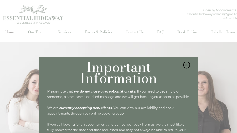 Essential Hideaway Wellness & Massage website screenshot