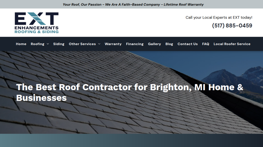 Screenshot of the EXT Enhancements Roofing & Siding LLC website