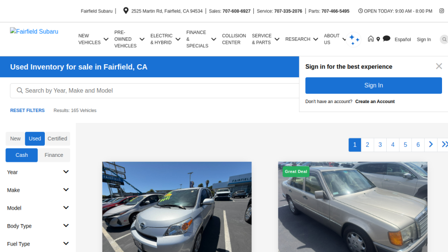 Screenshot of the Fairfield Subaru website