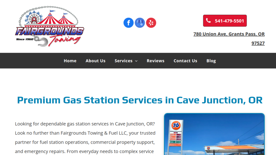 Screenshot of the Fairgrounds Towing & Fuel LLC website