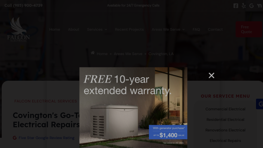 Screenshot of the Falcon Electrical website