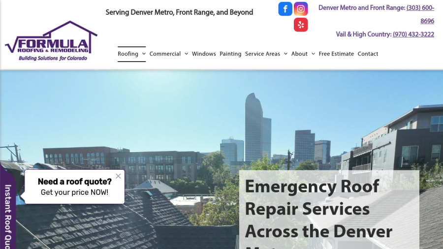 Screenshot of the Formula Roofing and Remodeling website