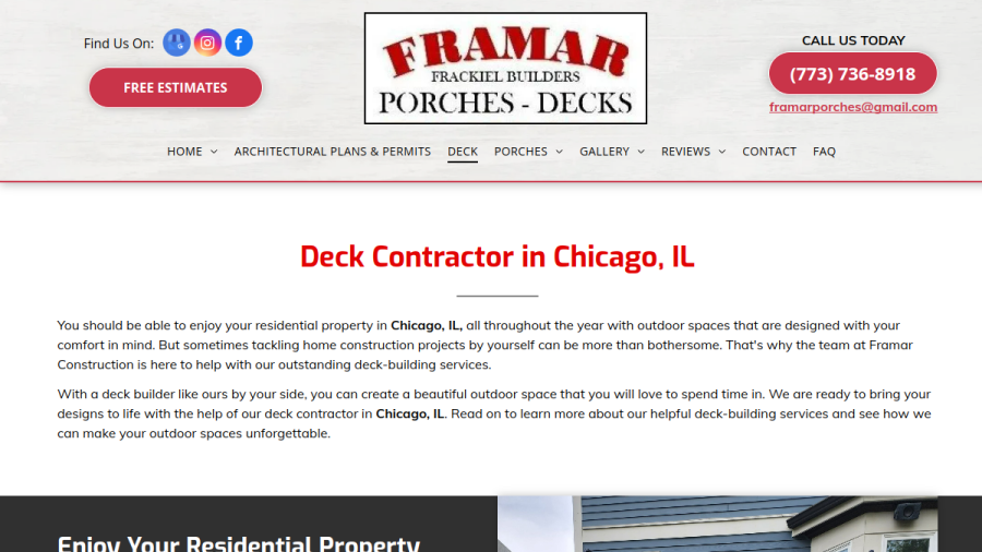 Framar Porches Frackiel Builders website