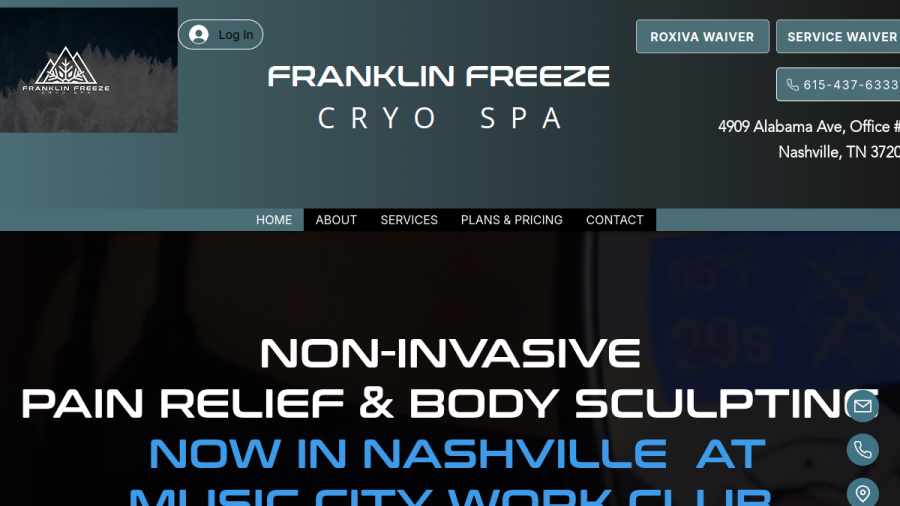Screenshot of Franklin Freeze Cryo Spa website