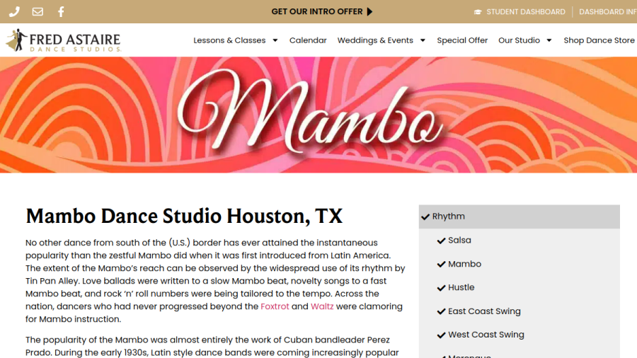 Screenshot of Fred Astaire Dance Studios - Houston Heights website