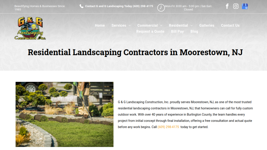 Screenshot of the G & G Landscaping Construction website