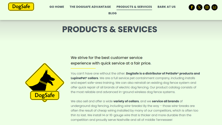 Screenshot of the DogSafe Hidden Underground Fence website