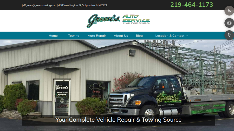 Screenshot of the Green's Towing & Auto Repair Inc website