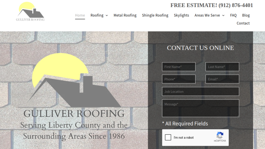 Screenshot of the Gulliver Roofing website