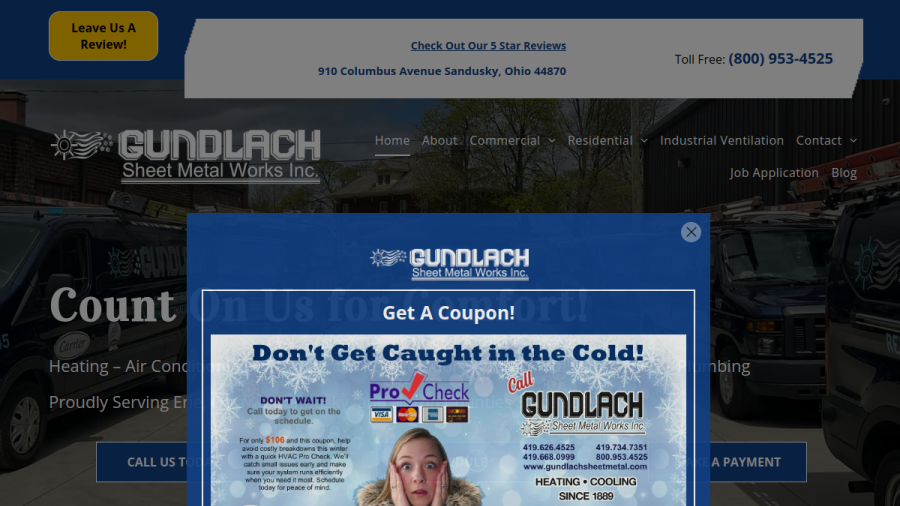 Screenshot of the Gundlach Sheet Metal Works Inc website
