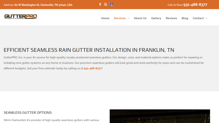 Website screenshot of GutterPRO Inc.
