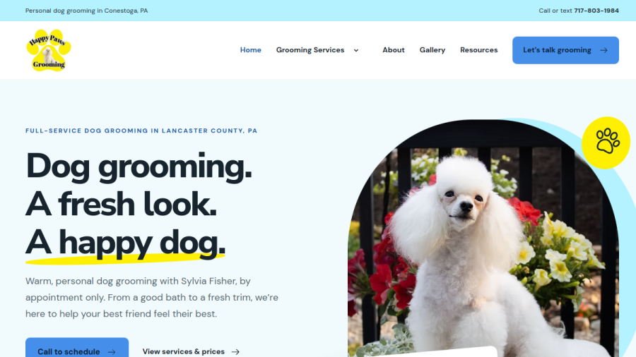 Screenshot of the Happy Paws Grooming website