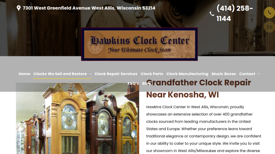Screenshot of Hawkins Clock Center website