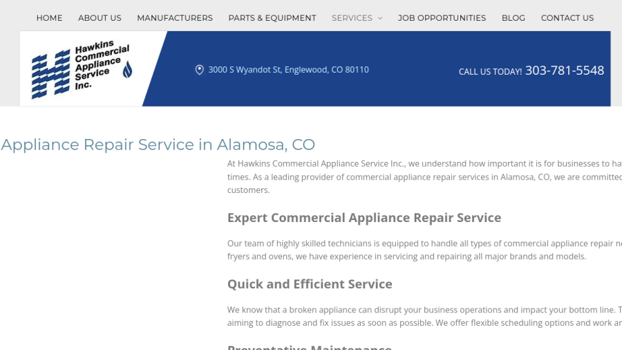 Website screenshot of Hawkins Commercial Appliance Service