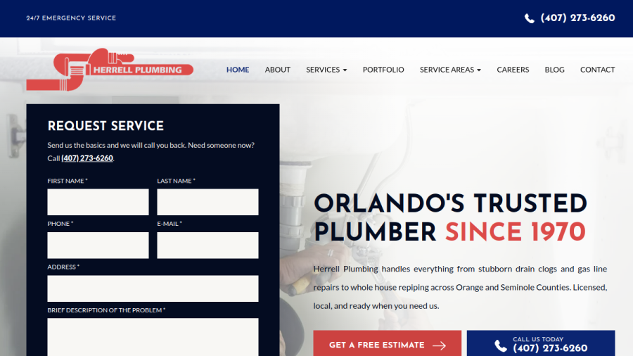 Website screenshot of Herrell Plumbing