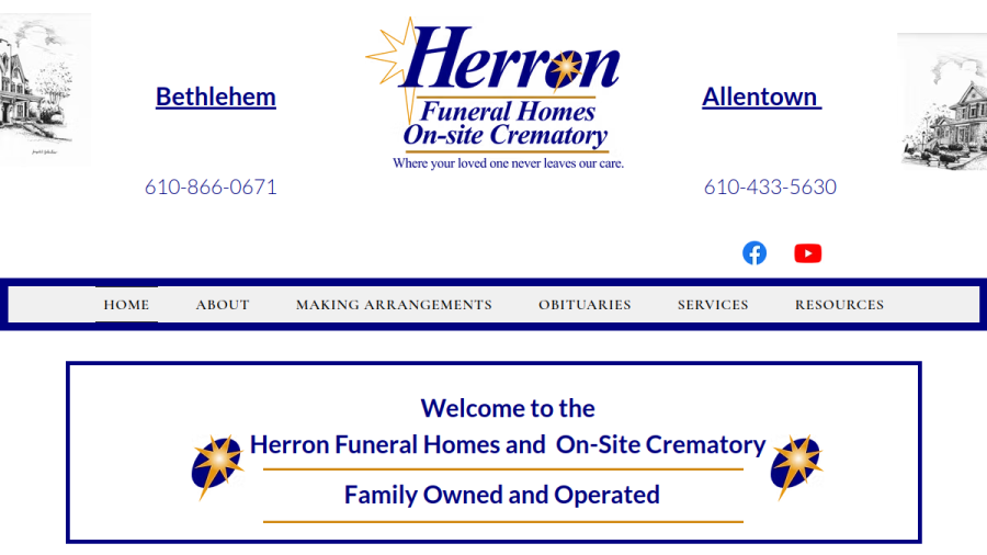 Screenshot of the Herron Funeral Homes & On-Site Crematory website