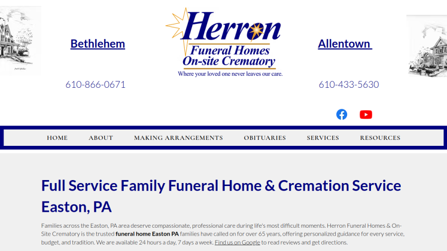 Herron Funeral Homes & On-Site Crematory website screenshot