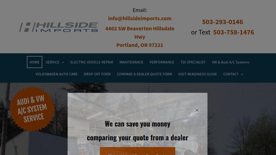 Screenshot of the Hillside Imports website