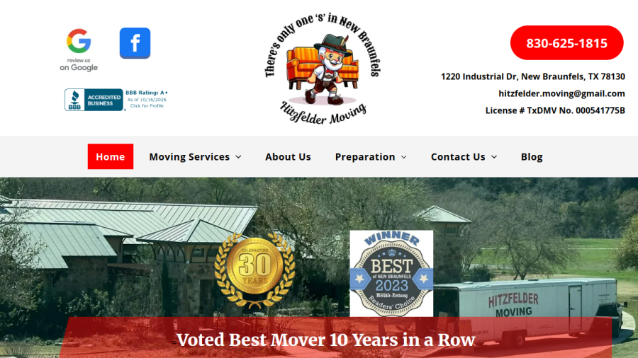 Screenshot of the Hitzfelder Moving website