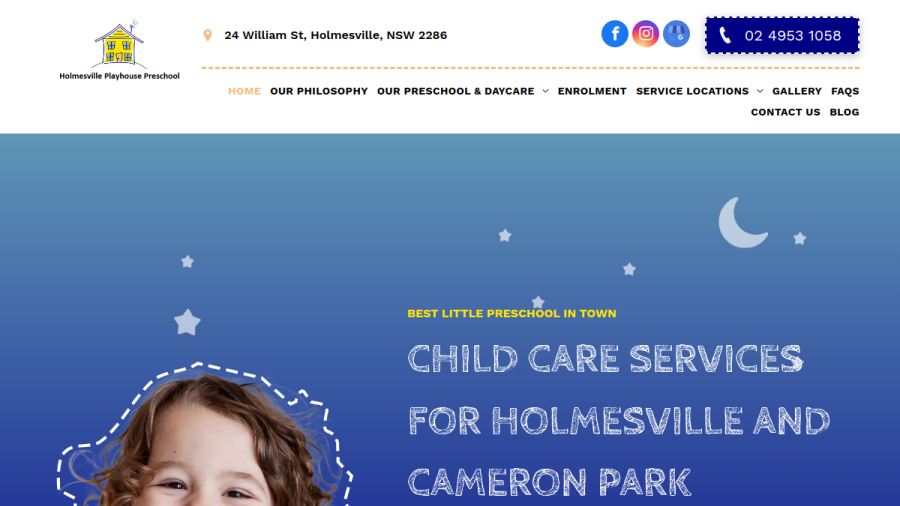 Screenshot of Holmesville Playhouse Preschool website