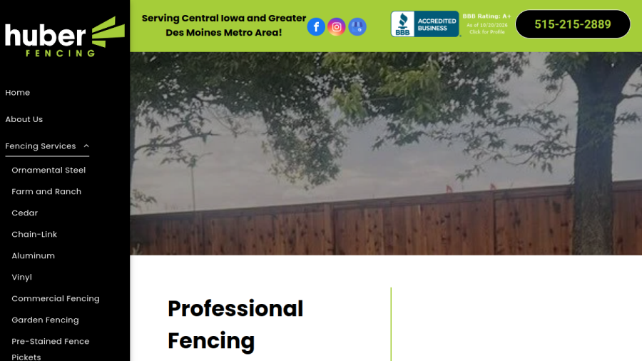 Screenshot of the Huber Fencing website