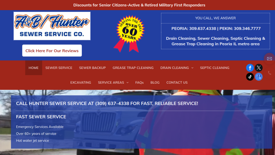 Website screenshot of A & B Hunter Sewer Service Co