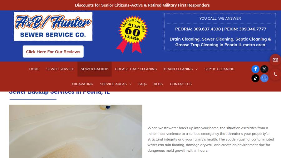 Screenshot of the A & B Hunter Sewer Service Co website
