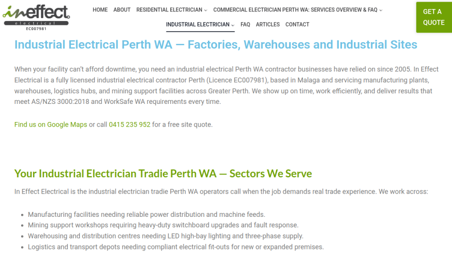 Screenshot of the In Effect Electrical Pty Ltd website