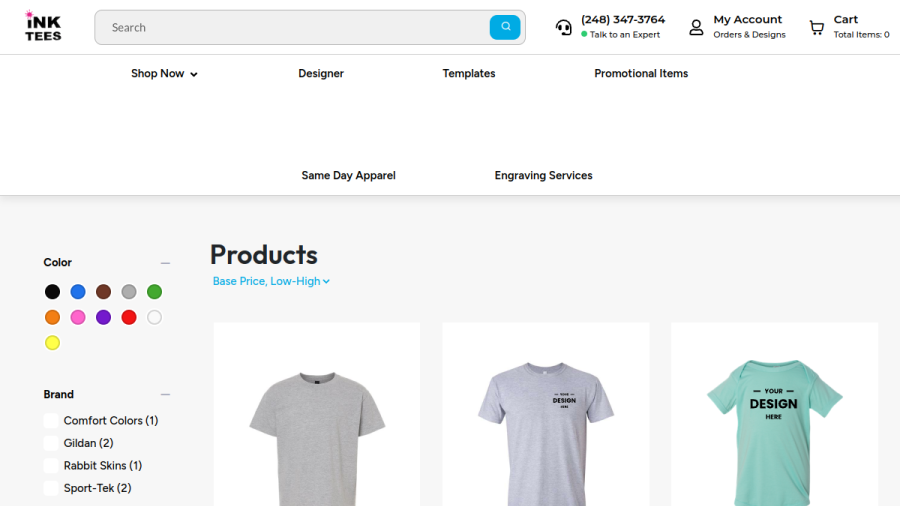 Screenshot of the Ink Tees Custom T-Shirts website