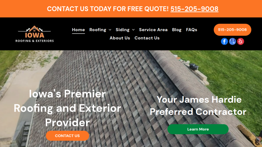 Screenshot of the Iowa Roofing & Exteriors website
