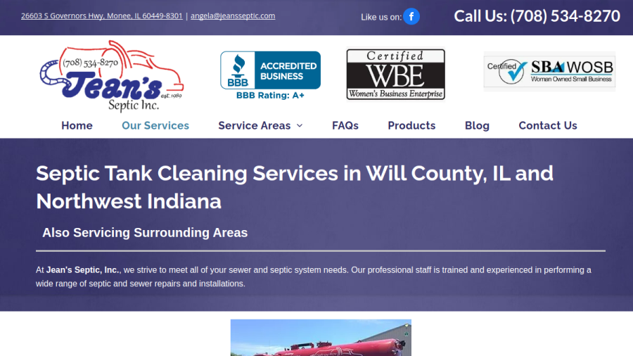 Screenshot of the Jean's Septic Inc. website