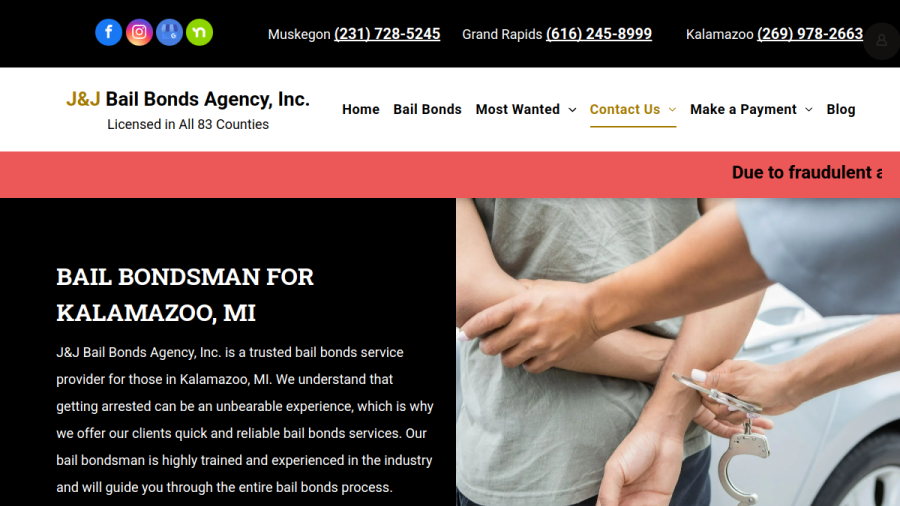 Website screenshot of J&J Bail Bonds