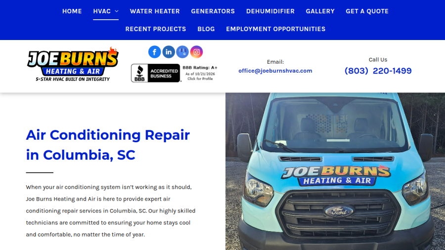 Joe Burns Heating And Air website screenshot