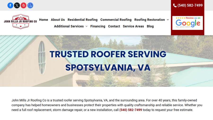Screenshot of the John Mills Roofing website