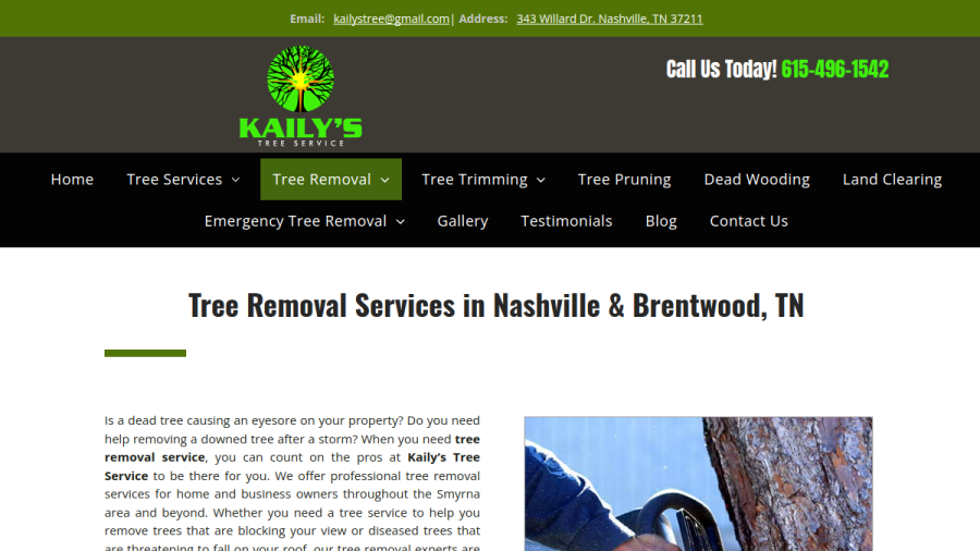Screenshot of the Kailys Tree Services website