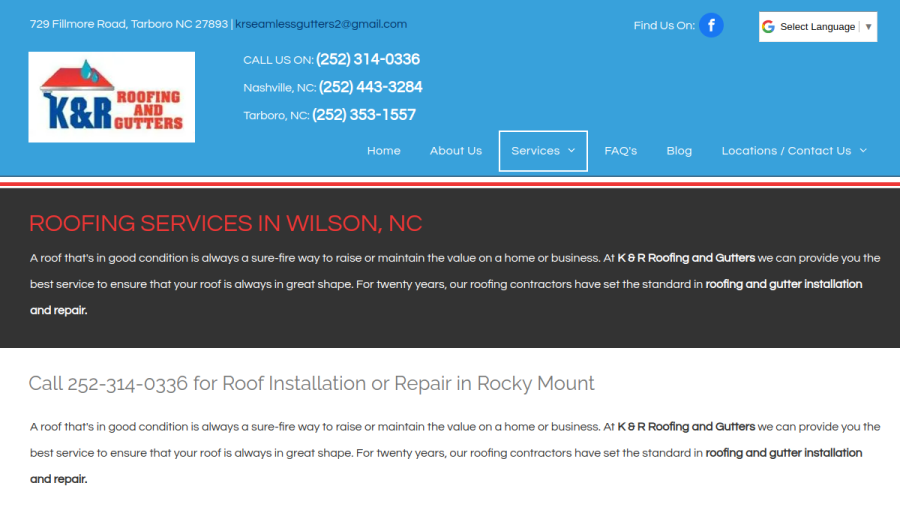 Screenshot of the K & R Roofing and Gutters website