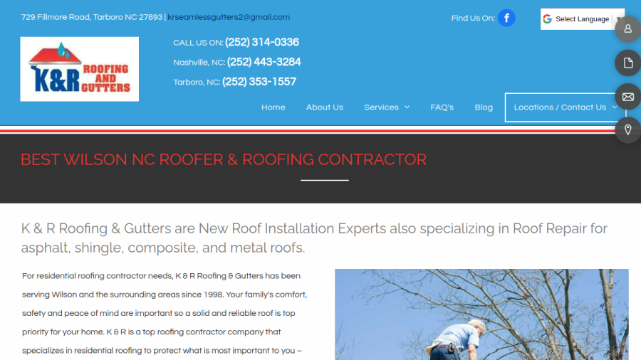Screenshot of K & R Roofing and Gutters website