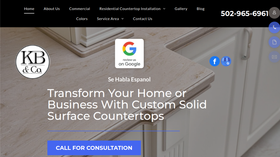 Website screenshot of KB & Company Solid Surface Custom Counter Tops