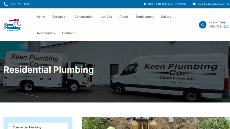 Screenshot of Keen Plumbing Company website