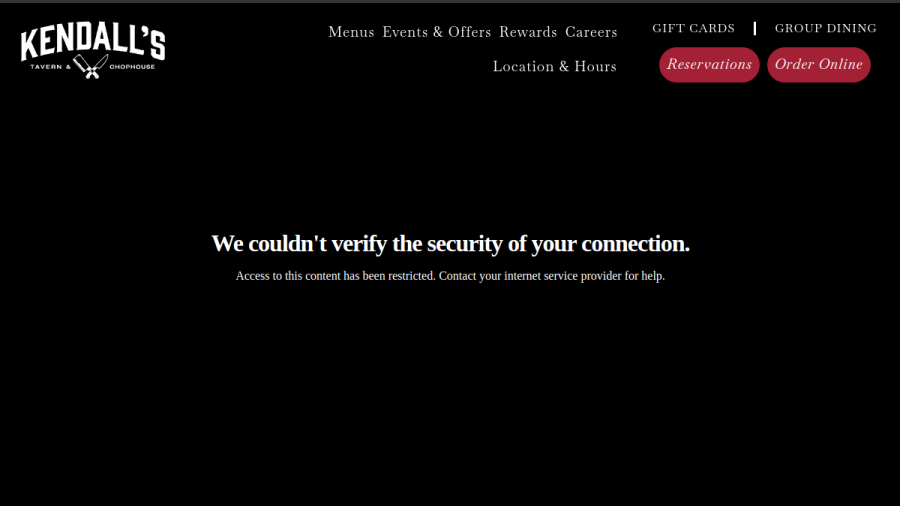 Screenshot of Kendalls Tavern & Chophouse website