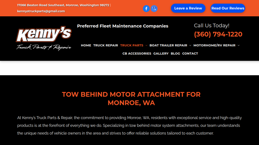 Screenshot of the Kenny's Truck Parts & Repair website