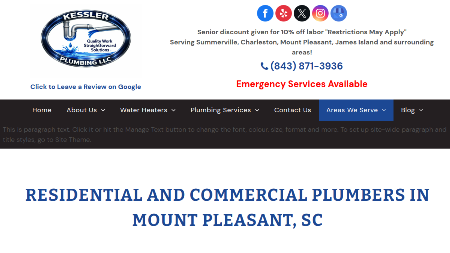 Screenshot of the Kessler Plumbing LLC website